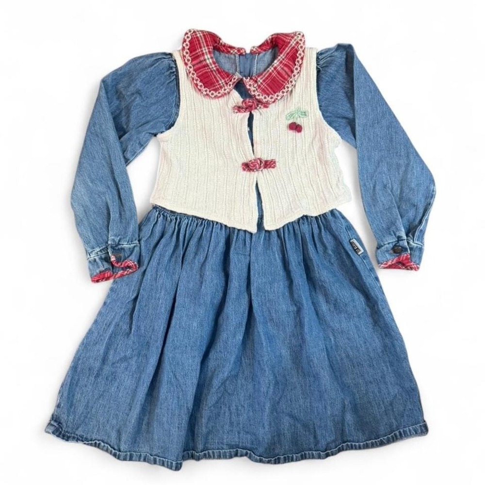 Vintage SF Blues Girls Blue denim‎ dress size 6x red plaid collar cherry details